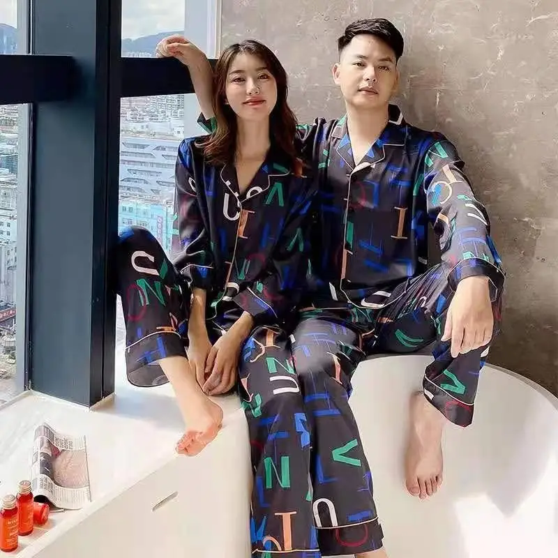 

Spring Summer Thin Men Women Luxury Alphabet Print Pajamas Long Sleeve Ice Silk Home Wear, Shown