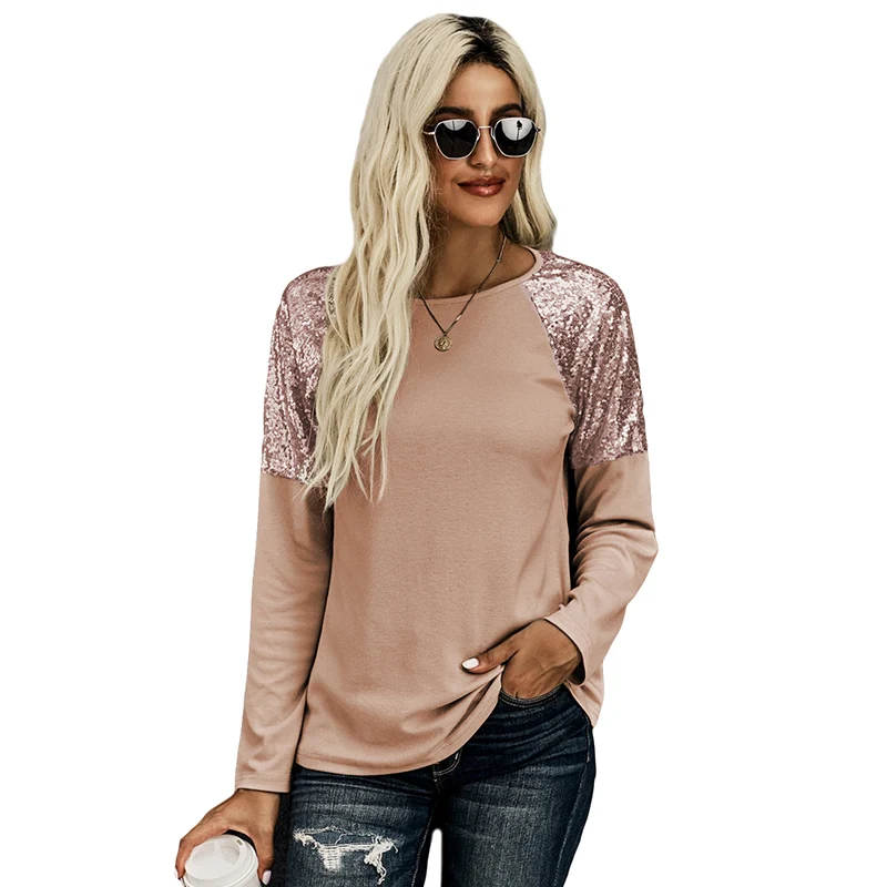 

New Arrival Women's Loose Long Sleeve Round Neck Sequin Shoulder Tops Slim Fitting Blouse