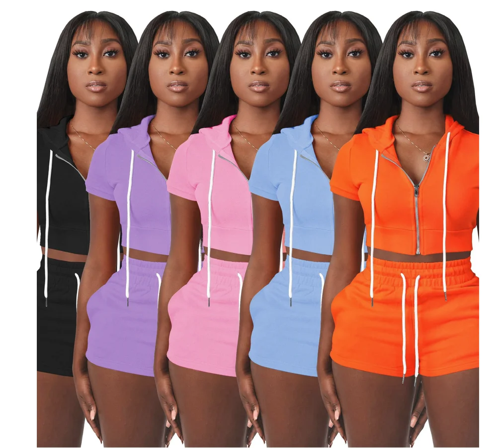 

xs women clothing 2022 summer plain biker Zipper short sleeve hoodie sets Jogger two piece short set