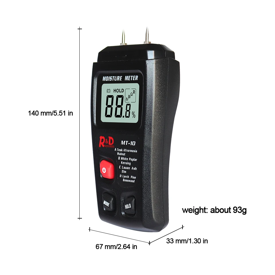 
R&D MT-10 EMT01 Wood Moisture Meter Wood Humidity Tester Hygrometer Timber Damp Detector Tree Density tester ABCD groups Black 