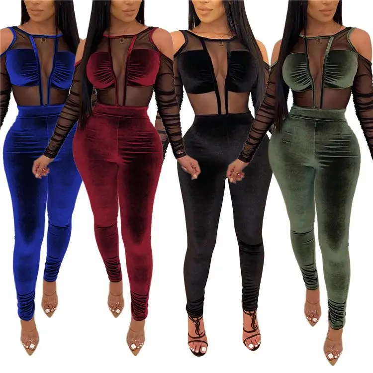 

D95995 Hot Onsale Velvet Mesh Spliced Trendy 2021 New Two Piece Set Women Clothing Womens 2 Piece Outfit Set Clothing