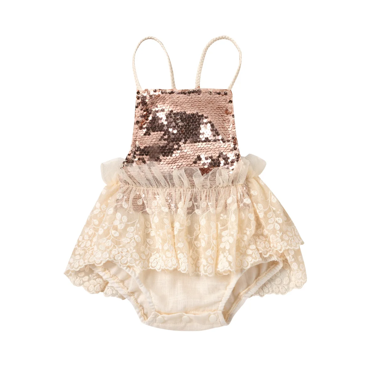 

Summer Baby Girls Sequined Sleeveless Backless Lace-up Gauze Jumpsuit