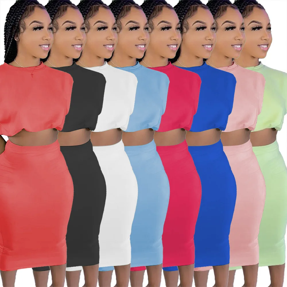 

Summer Casual Women'S Solid Color Round Neck Cute Top Sexy Long Bodycon 2 Piece Skirt Set