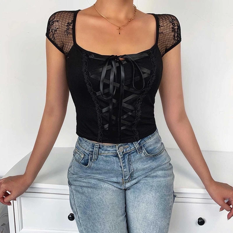 

Low Price Punk Gothic Lace Patchwork Lace up Black Square Neck Crop Tops T-shirts Y2K Women Clothes