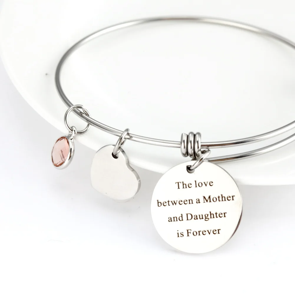 

Stainless Steel adjustable Bangle Engraved "The Love Between A Mother and Daughter Knows No Distance" Inspirational bracelet, Silver