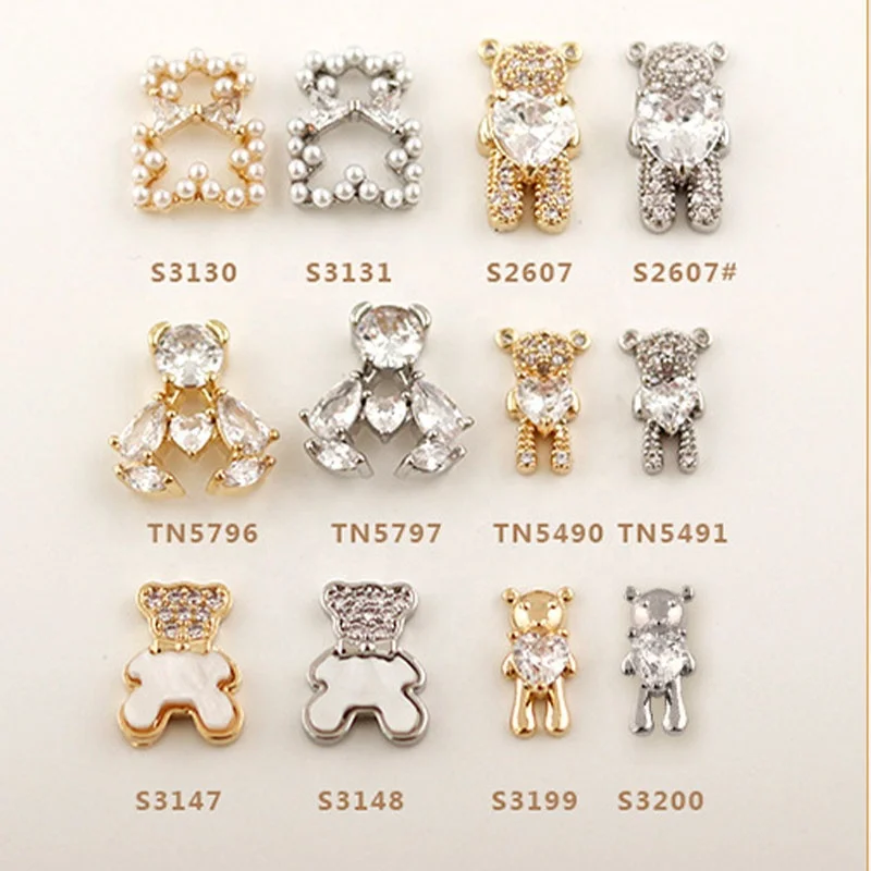 

Paso Sico Shiny Gold Silver Colors Zircon Kawaii Bear Luxury Pearls Nail Art Charms for Nails Supplies