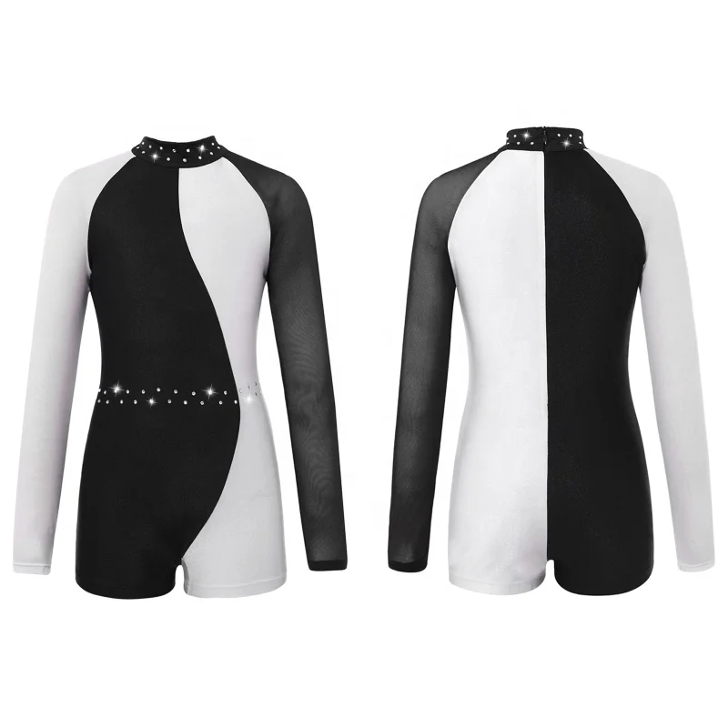 

Stylish Kids Girls Mesh Long Sleeve Round Collar Contrast Color Closure Back Dance Leotards Jumpsuit