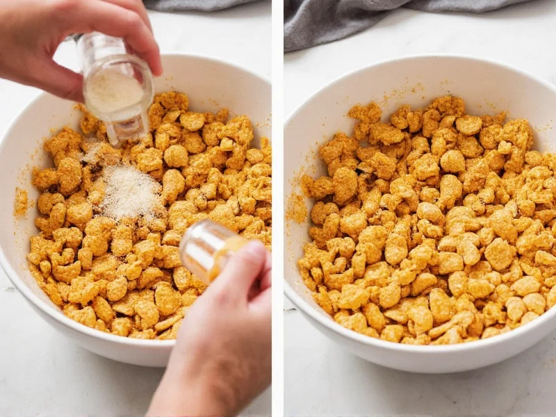 Hand tossing Chex Mix in large bowl with golden seasoning coating