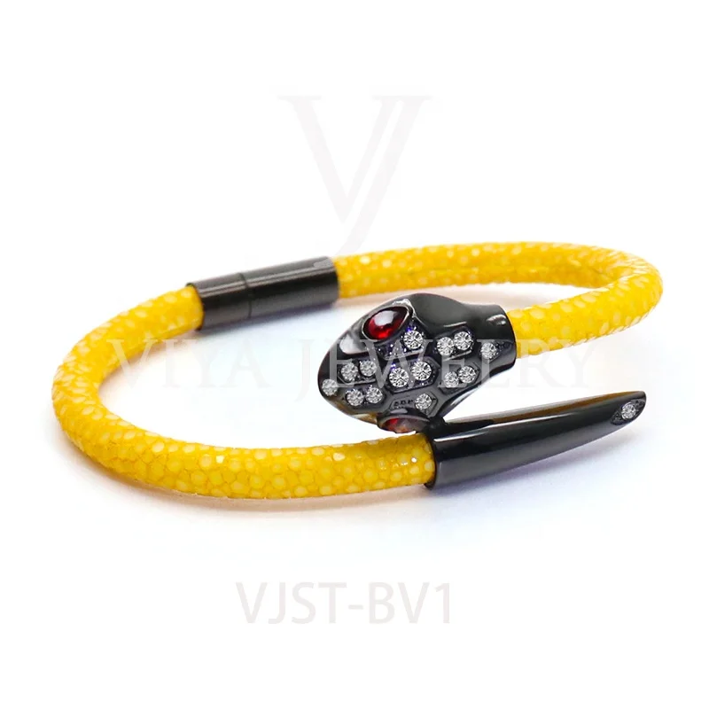 

Viya new arrival brass bracelet wrap genuine skin leather bracelet