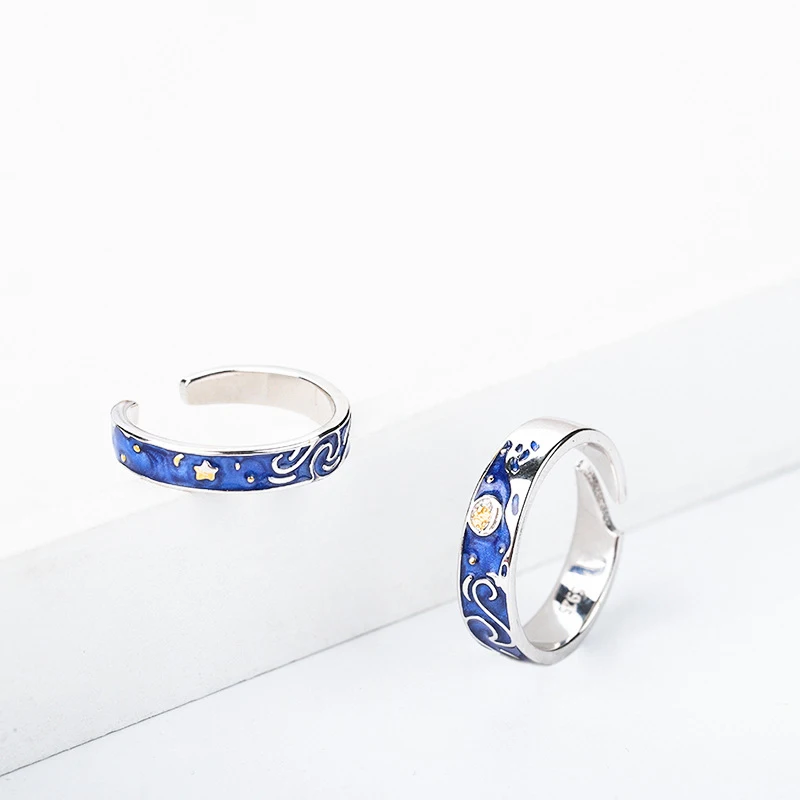 Korea fashion elegant jewelry gold thread Van Gogh star couple drop glue ring
