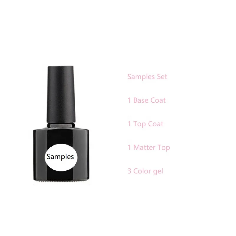 

Samples order for private label gel nails 1 base coat 1 no wipe top coat 1 matte top 1 color gel polishes