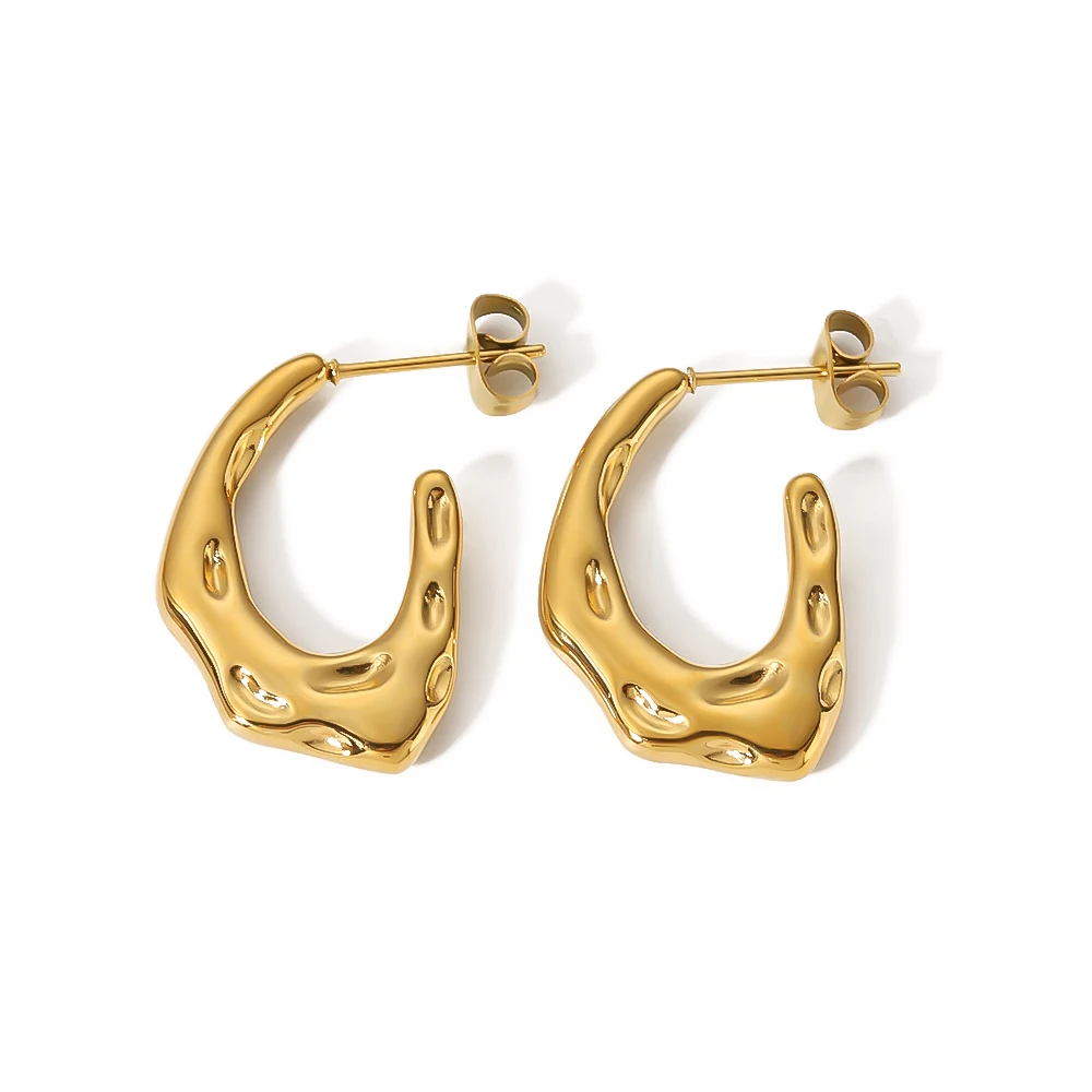 

New Ins Design Stainless Steel 18K Gold Plated Concave Bumpy Irregular Shape CC Hoop Earrings For Women