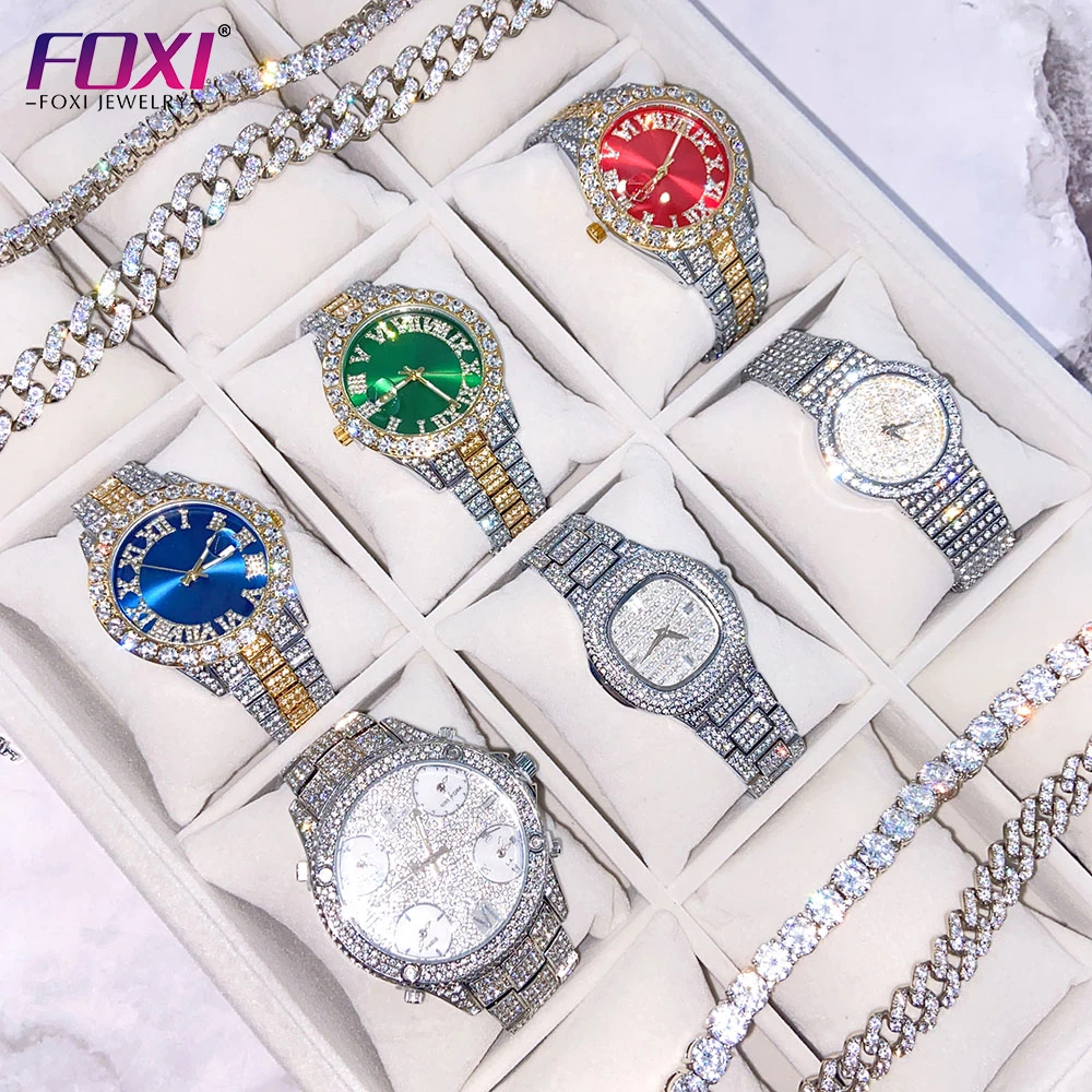 

Foxi jewelry Drop Shipping Stainless Steel Luxury Wristwatches Hip Hop Icy Diamond Studded Watches for Men Women