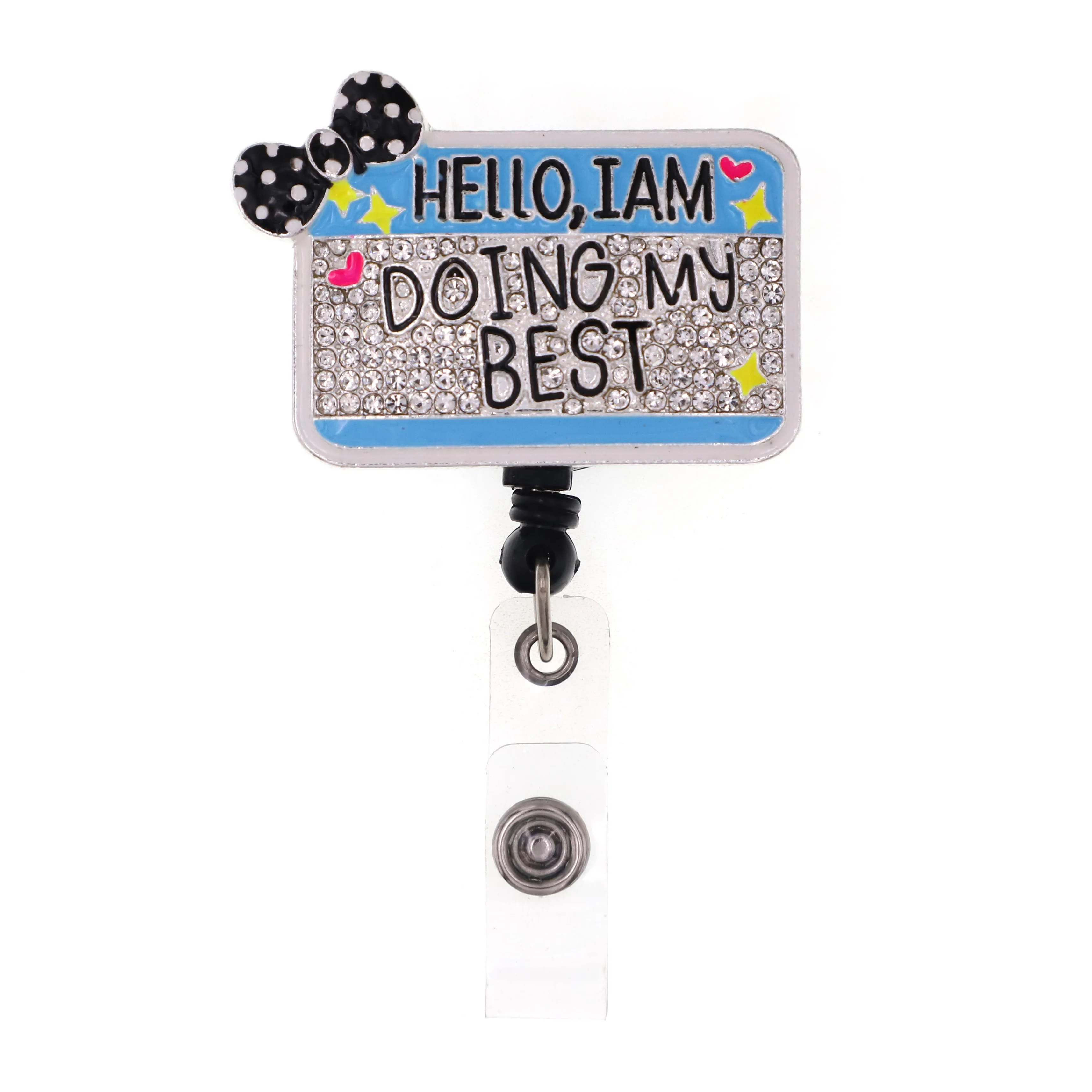 

Medical nursing badge reel bling rhinestone black enamel I AM DOING MY BEST retractable Id badge holder with a clip button, As picture