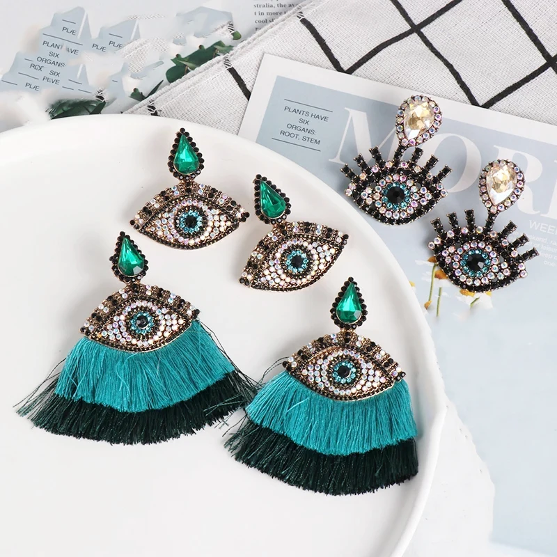 

2021 Wholesale Ethnic Turkish Eye Beads Tassel Dangle Earrings For Women Boho Exaggerate Statement Enamel Dangle Eye Earrings, Many colors fyi