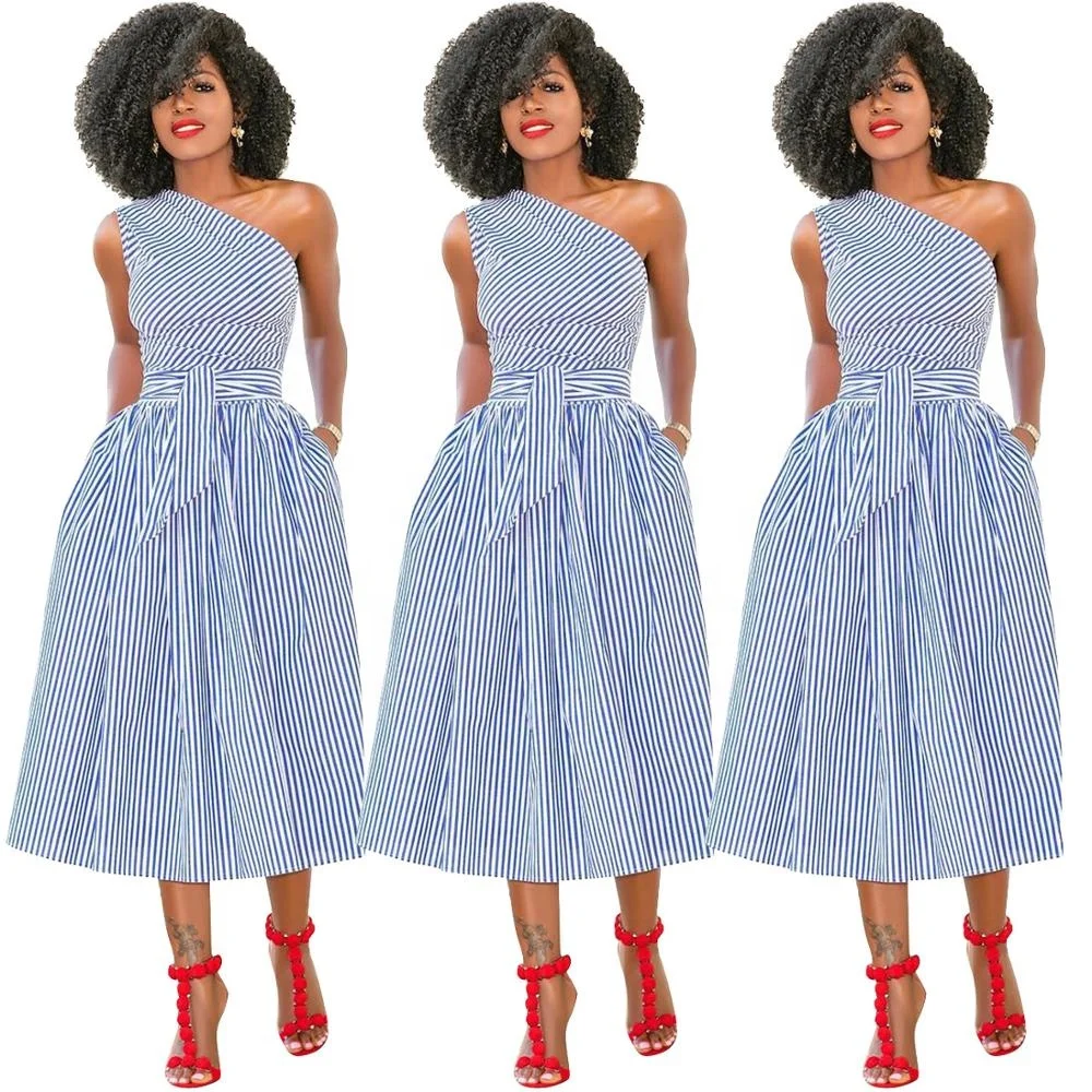 

B62687A American women's dress hot style 2020 stripe sleeveless skirt with bare shoulder and belt