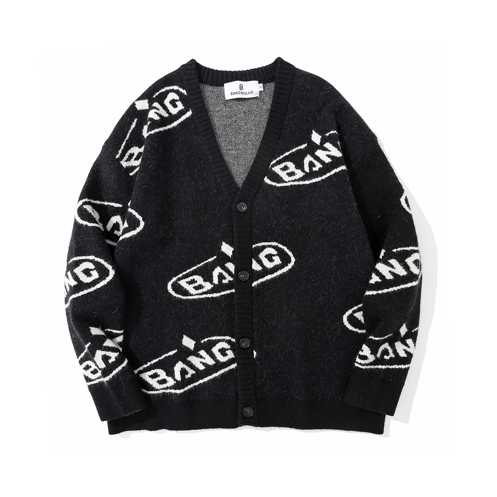 

Dark wind letter jacquard knitted street shirt down jacket American lazy fashion nude V-neck cardigan sweater