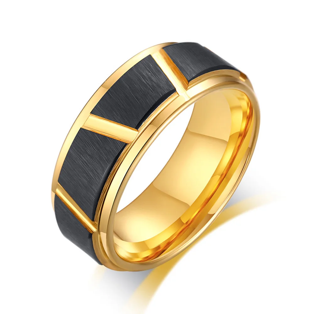 

Mens Black Gold Wedding Bands Ring, Stylish Hip-Hop Tungsten Steel Male Boy Finger Ring Gift