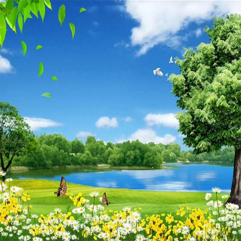 Custom 3d Photo Wallpaper Blue Sky White Clouds Meadow Lake Water Tree Flowers Nature Landscape 7718