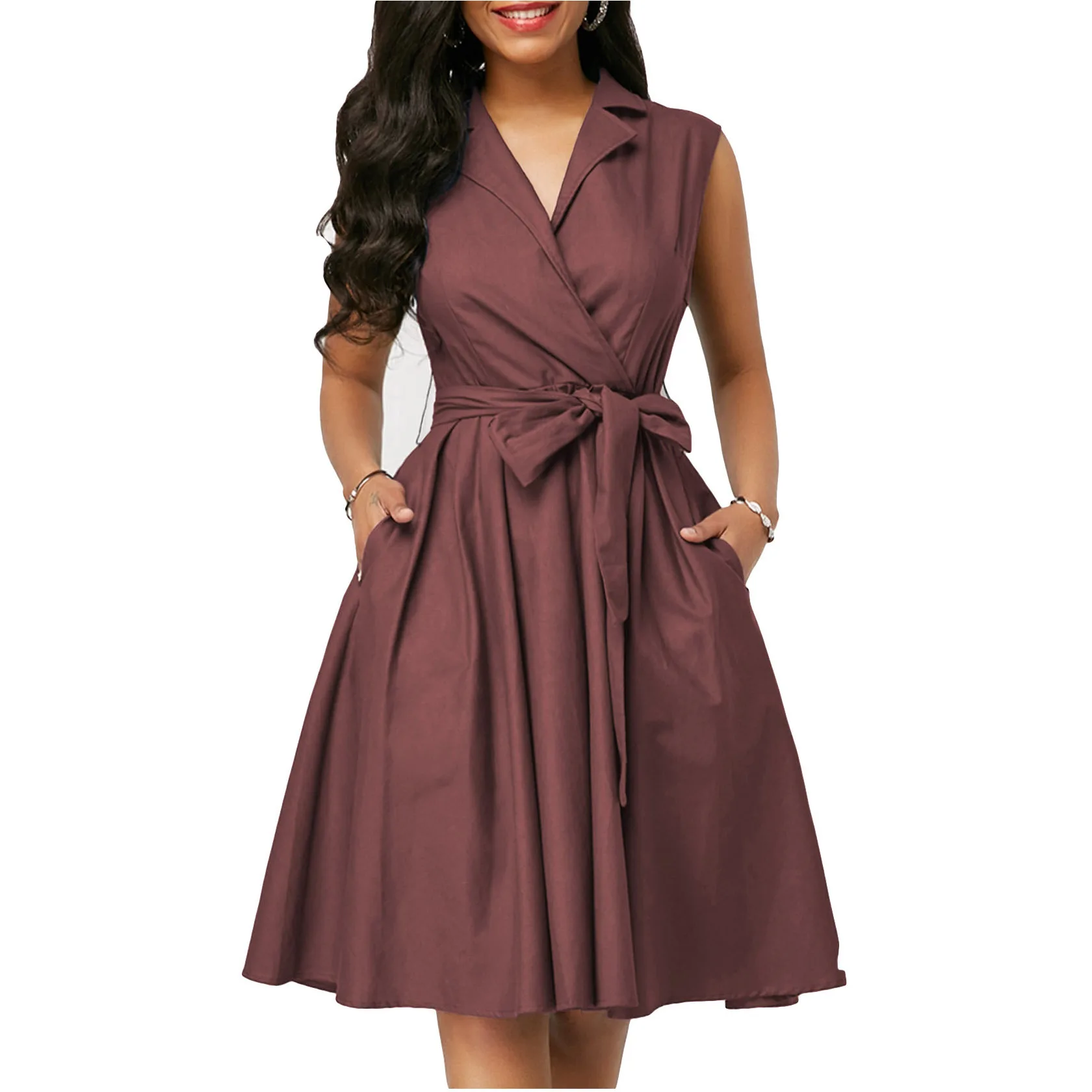 

Solid Color Sleeveless A-line Dress with Lapel Tie Mid-length Women's Skirt