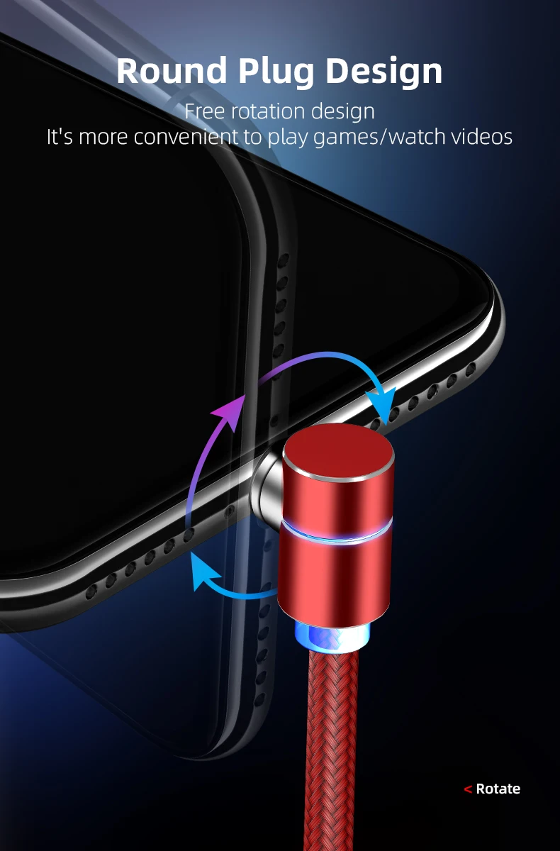 Classic L-shape 360 degree rotation round magnetic cable 1M 2M 3 in 1 connectors with led indicator Type C Micro Iproduct - ANKUX.COM