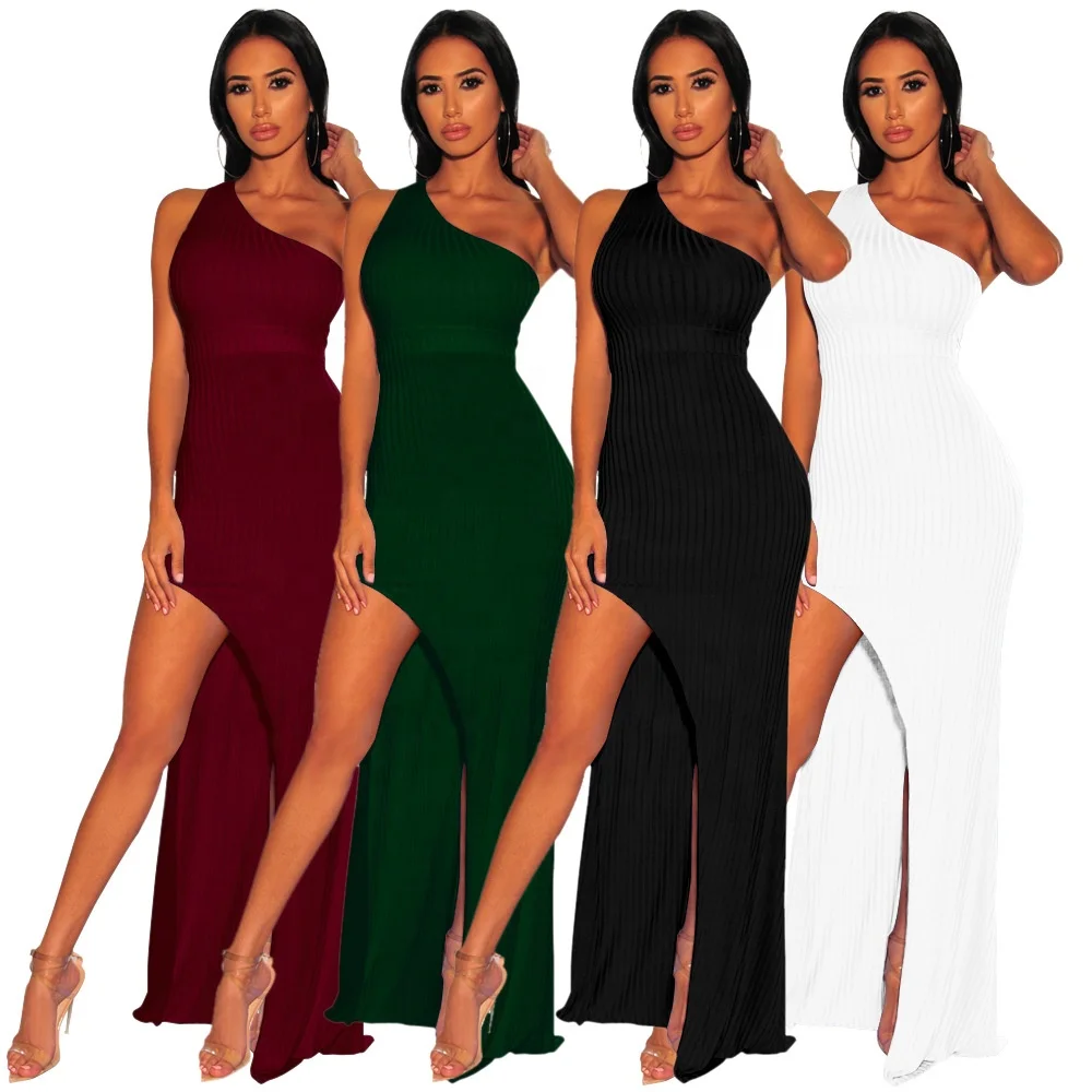 

B52297A Latest trendy women fashion sloping shoulder sexy high slit dress, Burgundy/white/green/black