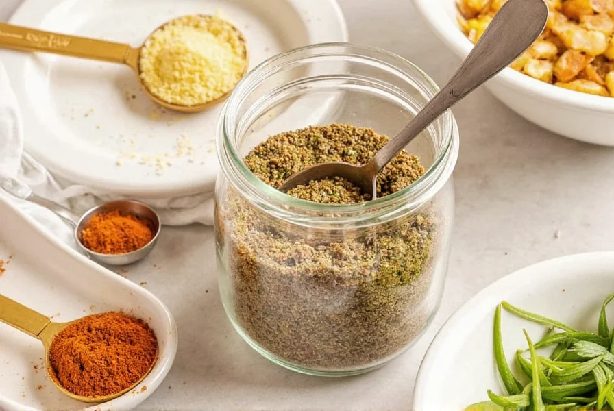 Close-up of homemade chicken soup seasoning ingredients in glass jars with measuring spoons