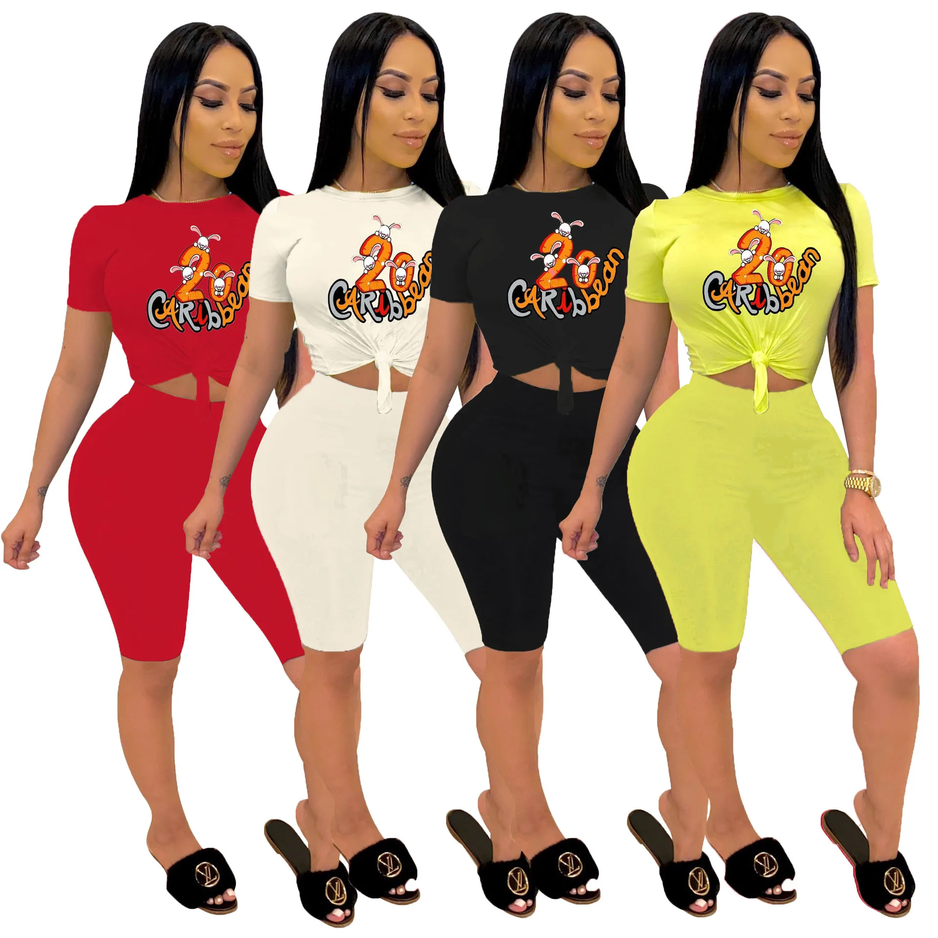 

MT39-3405 women clothing sets Casual Short Sleeve Printed Fit 2 piece set women Shorts Set Wholesale