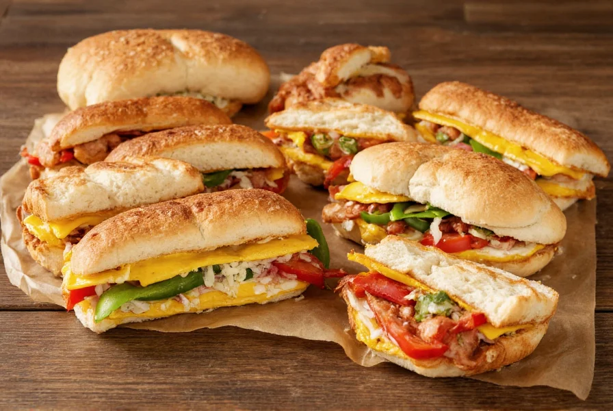 Various regional pepper and egg sandwich variations on wooden table with different bread types and ingredient additions