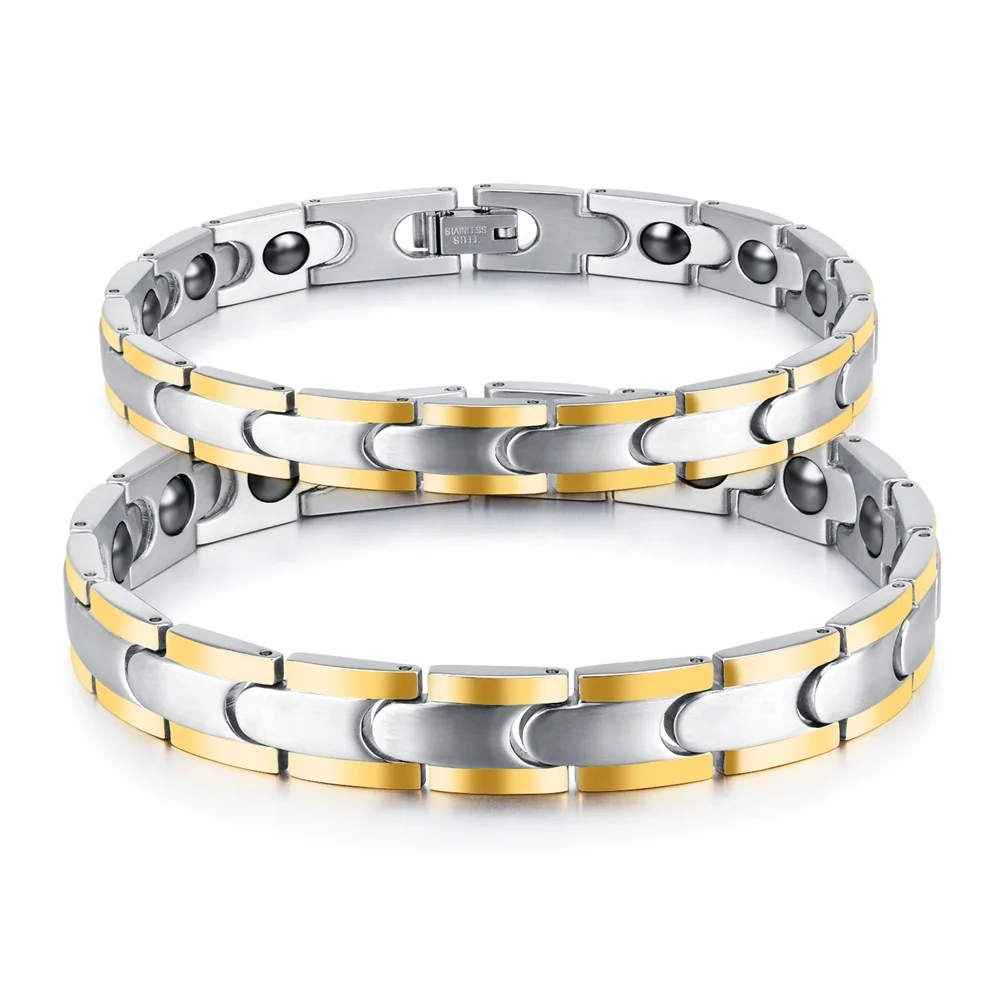 

Popular Hot Seller Stainless Steel Magnet Sports Health Men Magnetic Dainty Bracelet, Stripe gold