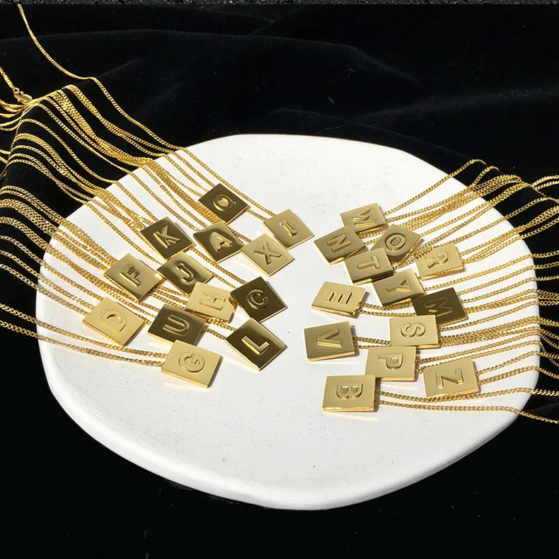 

Personalized Embossed 26 Alphabet Letter Charm Necklace Gold Plated Stainless Steel Square Gold Initial Letter Pendant Necklace