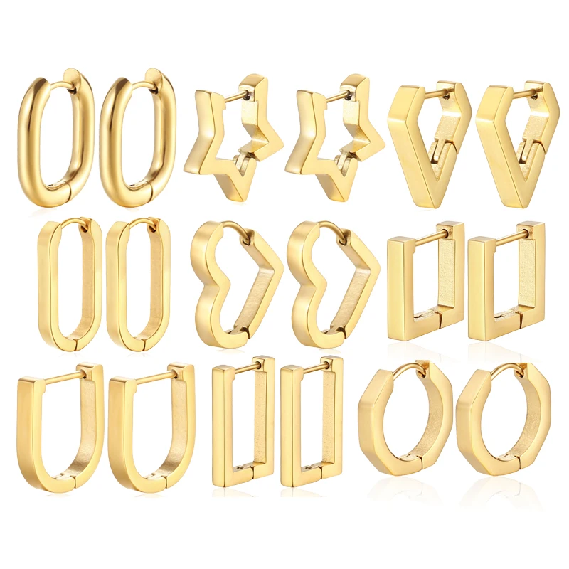 

17KM 14K Gold Plated Geometric Earrings Stainless Steel Huggie Stud Small Hoop Earrings for Women