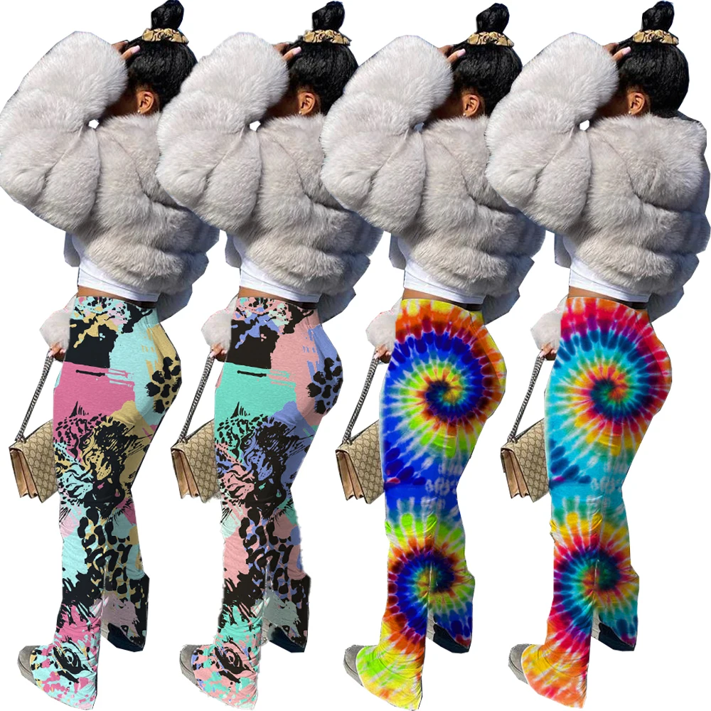 

Wholesale Custom Ladies Casual Trousers High Waist Straight Wrinkle Colorful Floral Print Street Wear Women Legging Flare Pants, Picture show