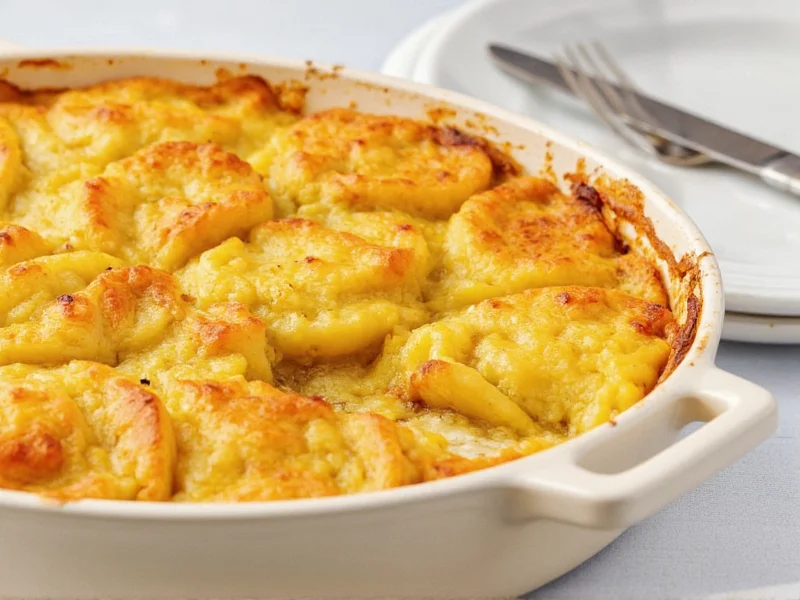 Golden baked scalloped potatoes in ceramic dish
