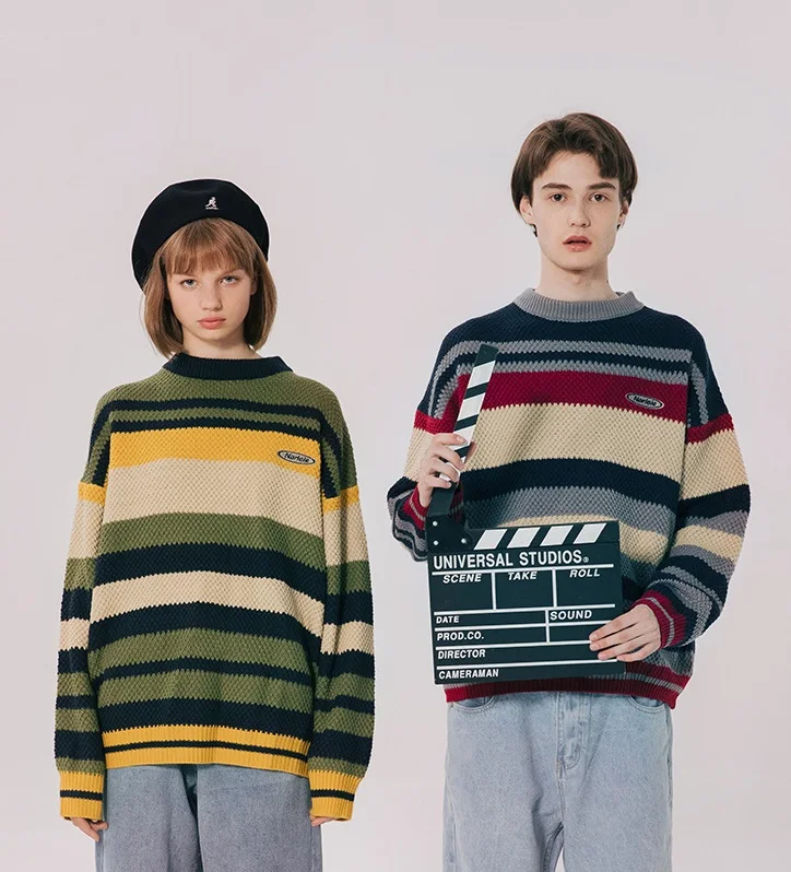 

New vintage autumn/winter striped sweaters for male couples teenage knits