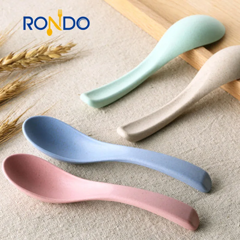 

Biodegradable Rice Feeding Colorful Logo Tasting Round High Quality Plastic wheat straw Spoon, Rice/pink/blue/green