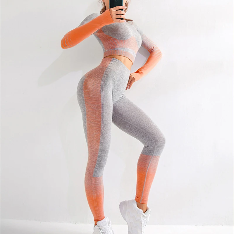 

Ombre Seamless 2 Piece Set Women Sport Suit Gym Workout Clothes Long Sleeve Fitness Crop Top And Scrunch Butt Leggings Yoga Set