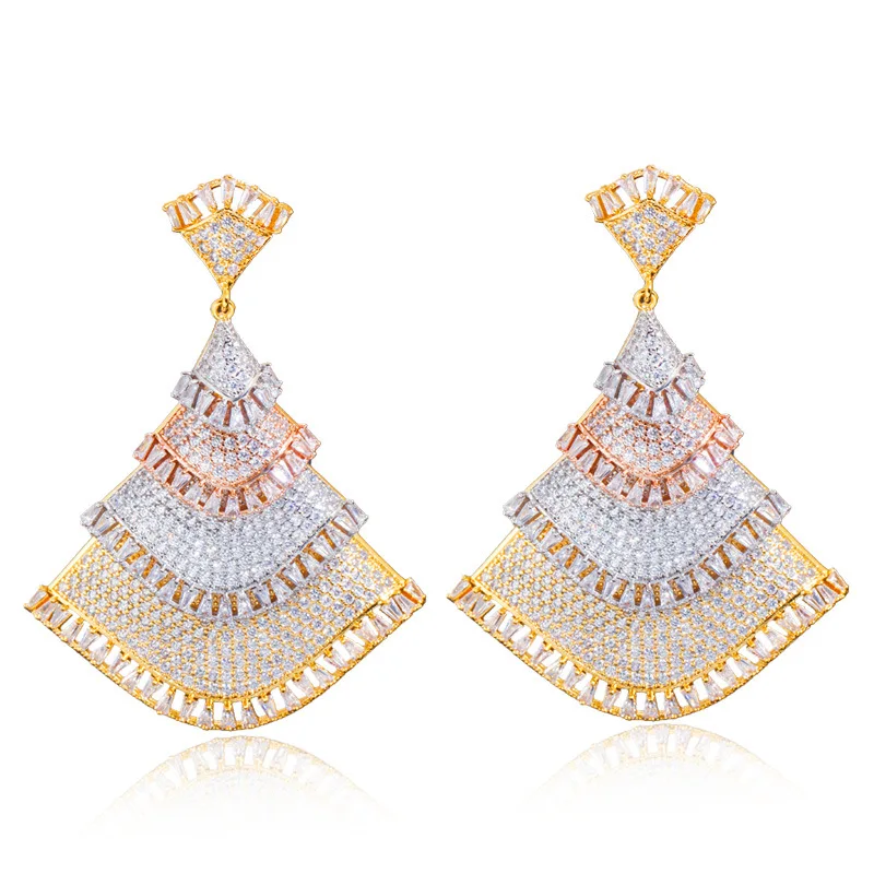 

Europe US Middle East Personalized Luxury Three-color Full CZ Diamond Paved Fan Shape Earrings WholeSale Price On Stock