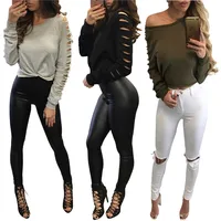 

Autumn ladies sexy burnt shirt T-shirt fashion casual long-sleeved round neck solid color cotton women's clothing 2019