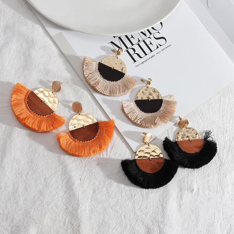 

RisingMoon Big Geometric Round Metal Wood Fringe Tassel Drop Earrings Fan Tassel Statement Earrings