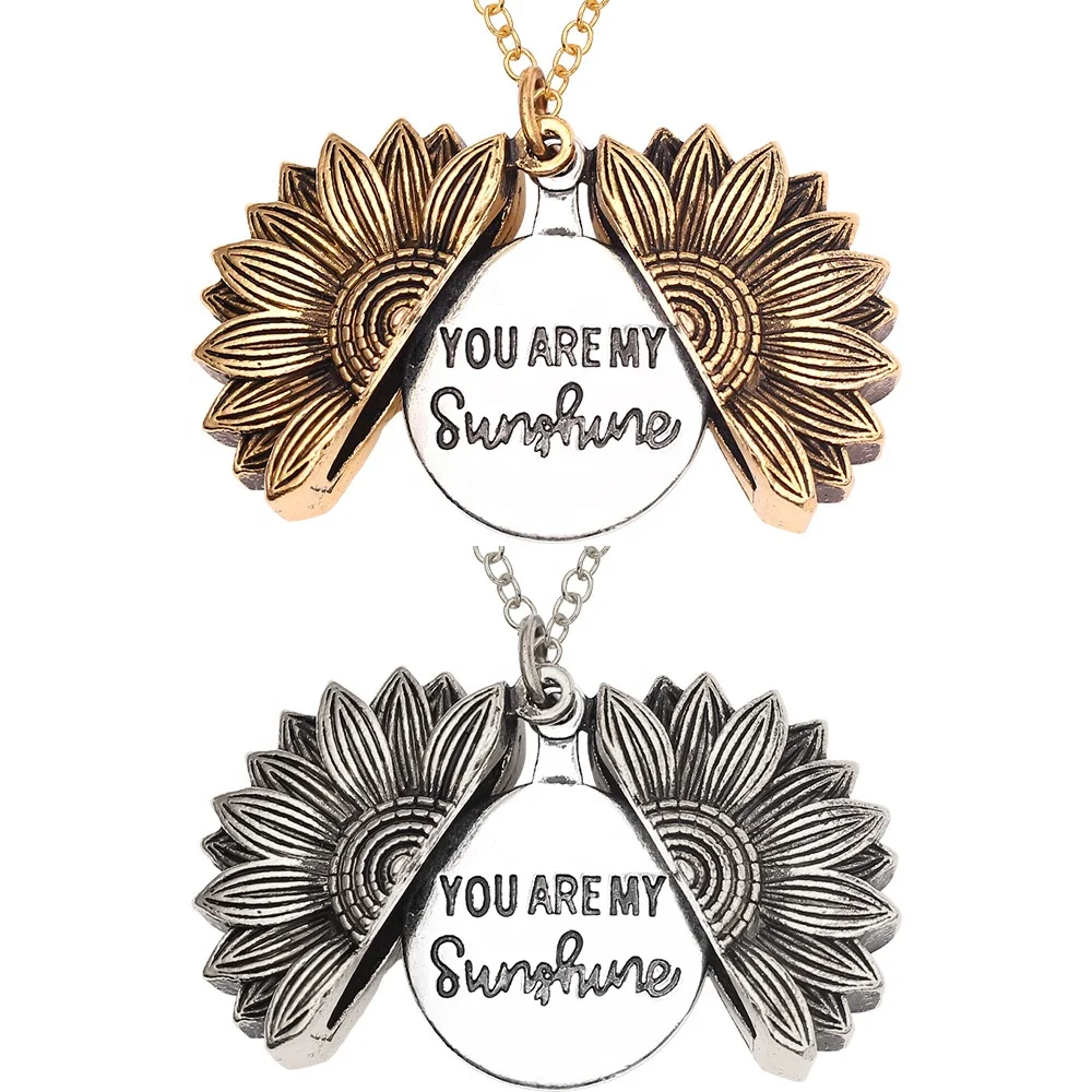 

Fashion Gold Silver Rainbow Locket Pendant Jewelry Women Lady Girls Gift You Are My Sunshine Sunflower Necklaces With Box