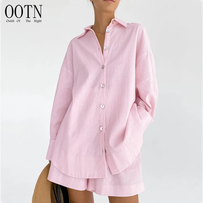 

OOTN 2023 Spring Solid Pink Long Sleeve Female Casual Suits With Shorts Loose Women's Home Clothes 2 Piece Sets