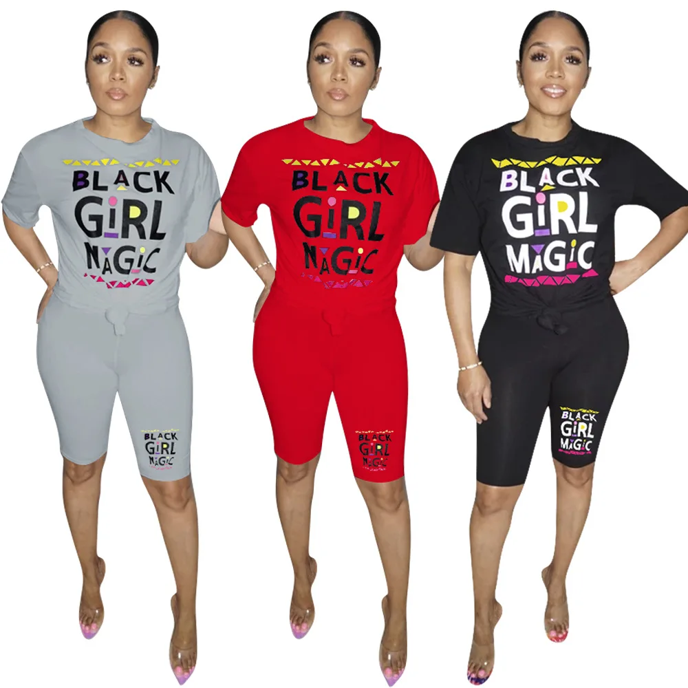

2021 New Arrivals Women Casual O-Neck Short Sleeve T-shirt Short Pants 2 Pieces Biker Set Letter Print Outfits Tracksuit, Picture show