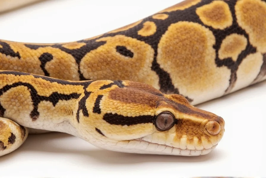 Adult cinnamon royal python displaying characteristic warm reddish-brown coloration and reduced pattern contrast on natural substrate