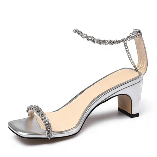 

Women's Sandals Summer New Sexy Open Toe Low Chunky Heels Shoes Ladies Crystal Diamonds Ankle ChainPumps, Silver