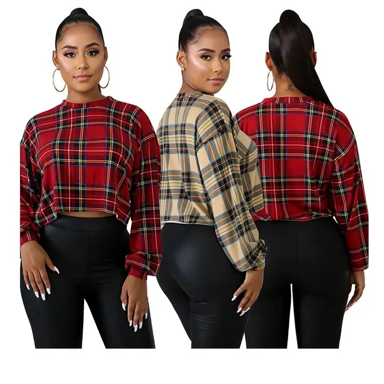 1019M285 new arrival round neck long sleeve plaid print ladies clothing women crop top blouse