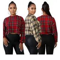 

1019M285 new arrival round neck long sleeve plaid print ladies clothing women crop top blouse