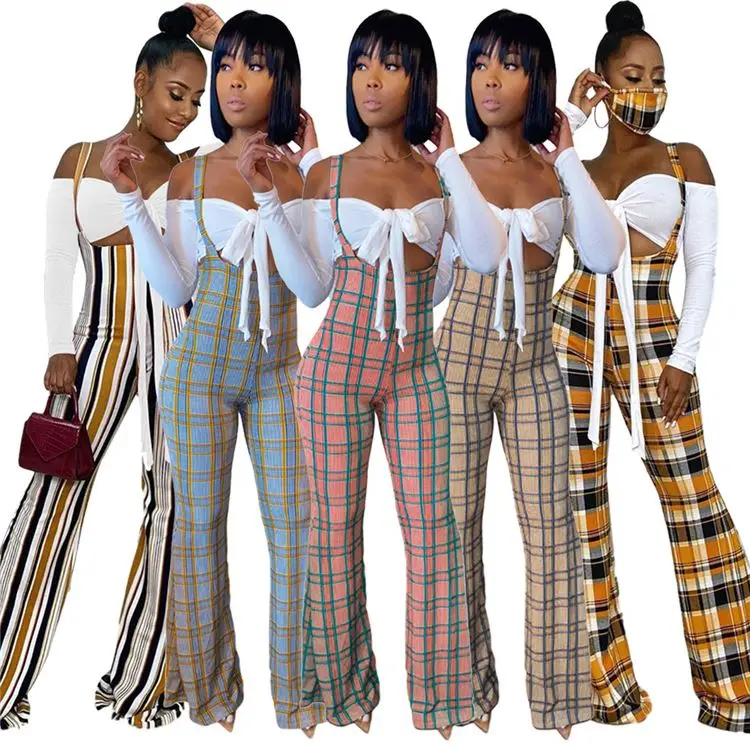 

FREE SAMPLE JHTH Fall long sleeve off shoulder top with plaid suspender jumpsuit set two piece outfits, Picture shown