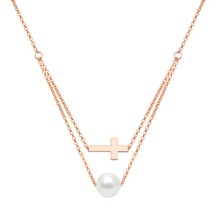 

Fashion Simple Rose Gold Choker Chain Cross Pearl Stainless Steel Necklace Double Long Necklace Chains Women Jewelry