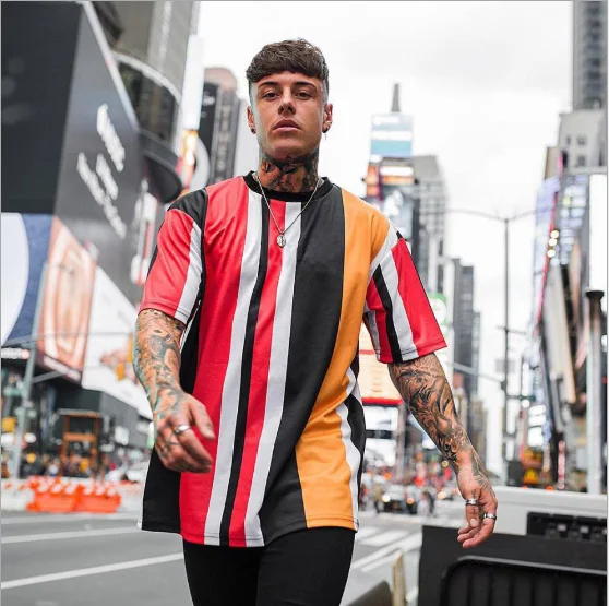 

Wholesale Men Clothing Multi Color Cotton Polyester Crew Neck Vertical Striped gym T Shirt